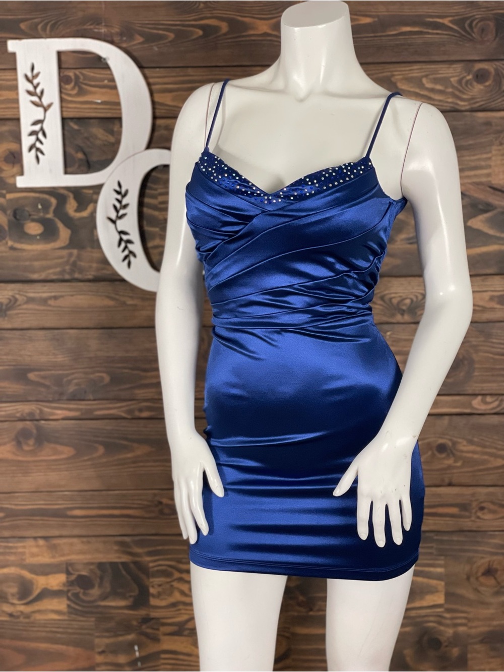 Windsor | Pleated Shine Satin Royal Blue Rhinestone Trim Mini Dress Cocktail